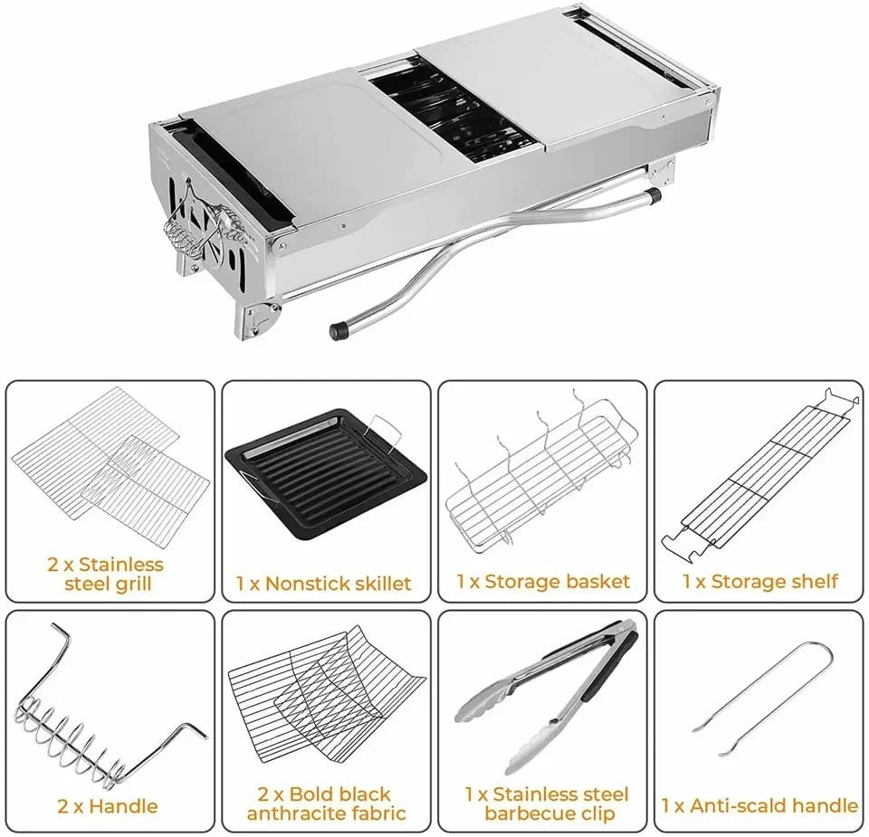 Barbacoa de carbón portátil Homfa de acero inoxidable 122 cm: plegada para guardar o transportar