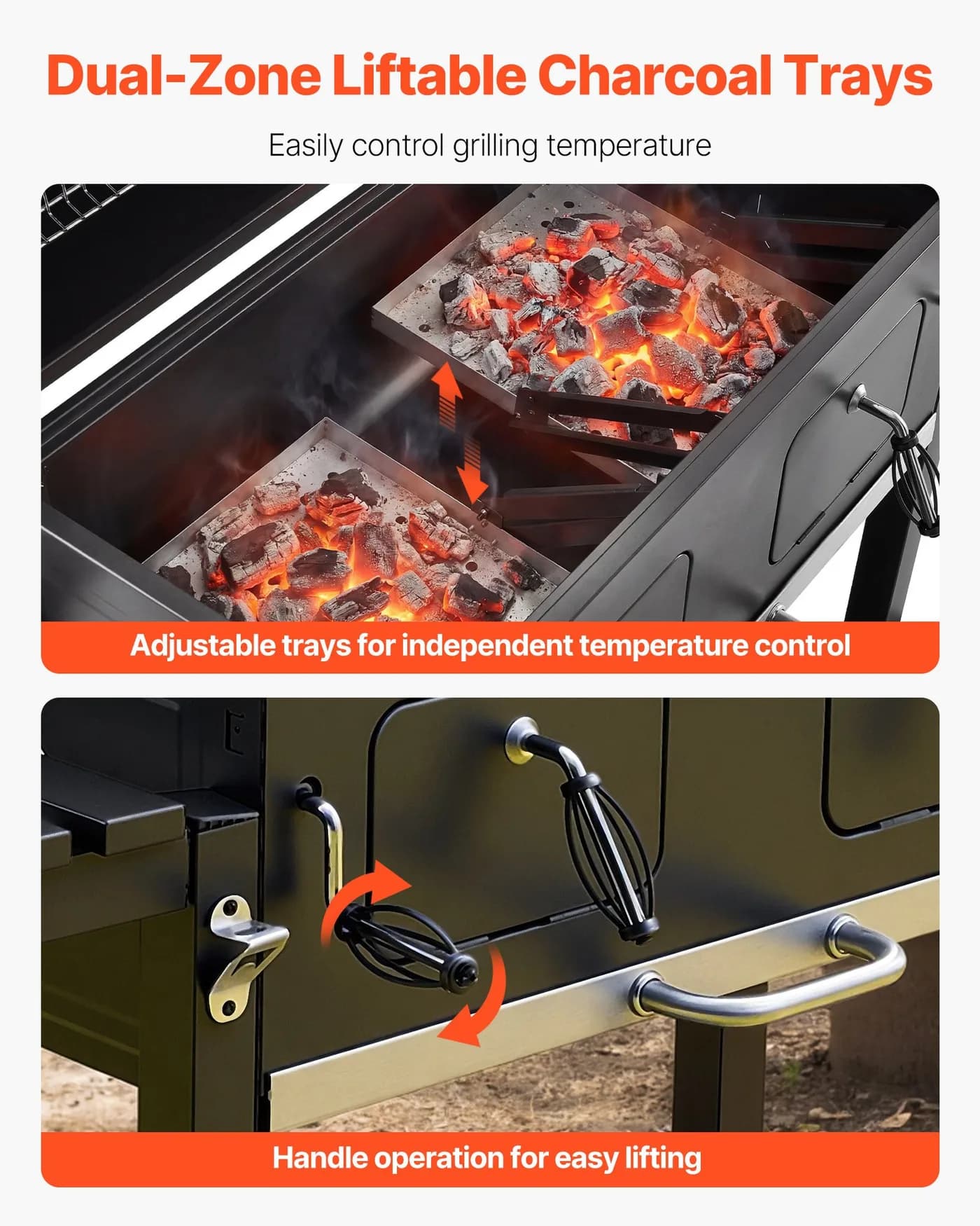 Barbacoa de carbón con ruedas Vevor 0,5 m² con 2 bandejas elevables: las dos bandejas de carbón elevables con sus manivelas