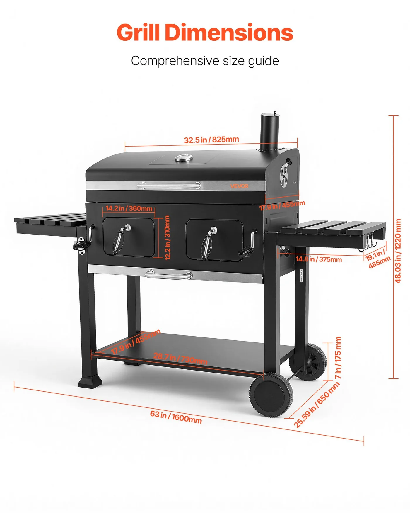 Barbacoa de carbón con ruedas Vevor 0,5 m² con 2 bandejas elevables: medidas y dimensiones
