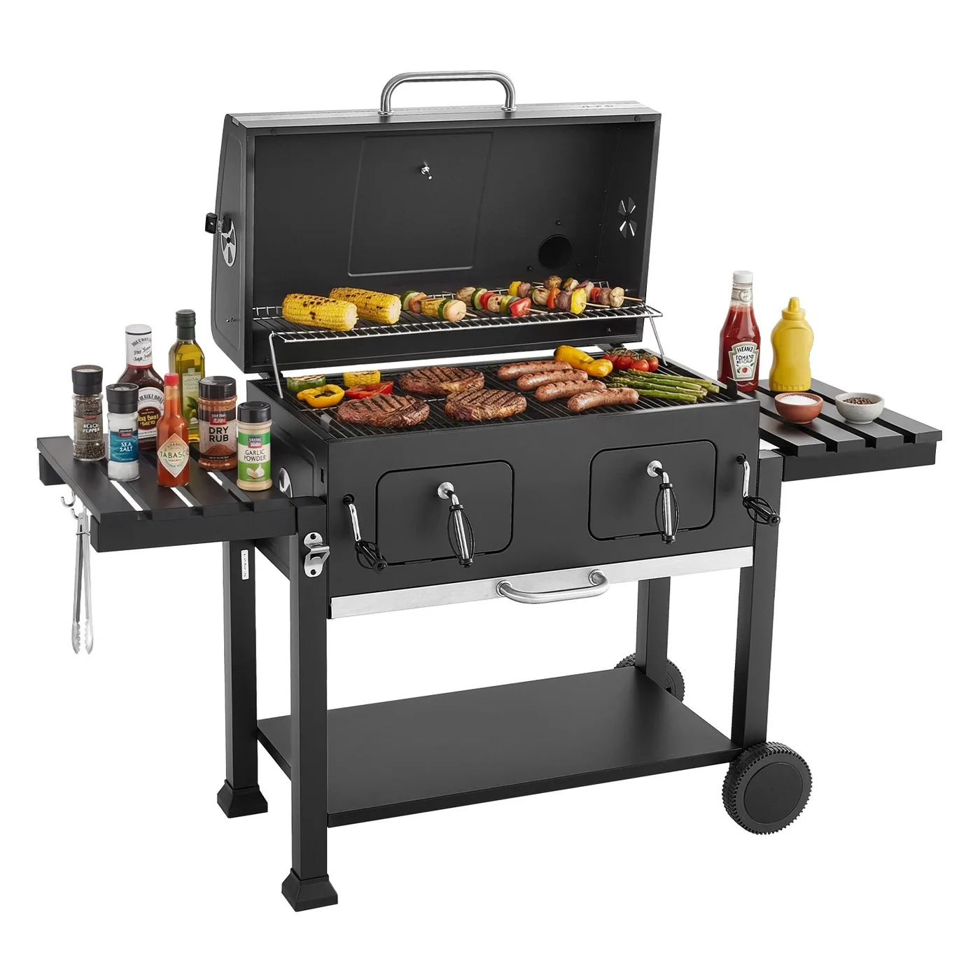 Barbacoa de carbón con ruedas Vevor 0,5 m² con 2 bandejas elevables — barbacoa de carbón con ruedas