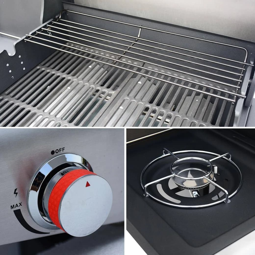 Barbacoa de gas Bazin 3+1 quemadores 12,8 kW con armario y ruedas: detalles de cerca: mandos, termómetro, ruedas y quemadores
