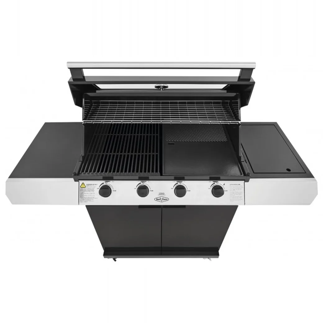 Barbacoa de gas BeefEater Discovery 1200E 4 quemadores con carro: con la tapa abierta y la parrilla a la vista