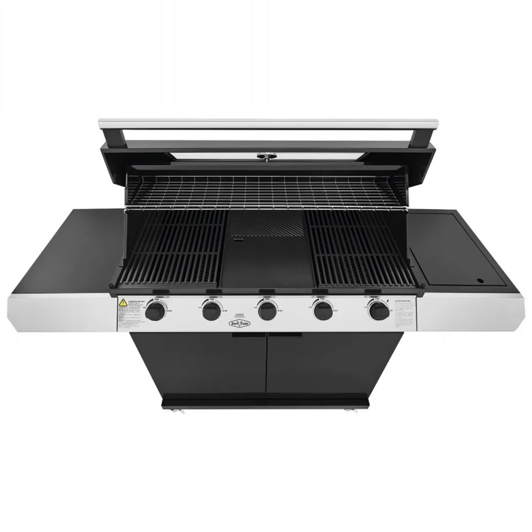 Barbacoa de gas BeefEater Discovery 1200E 5 quemadores con carro: con la tapa abierta y la parrilla a la vista