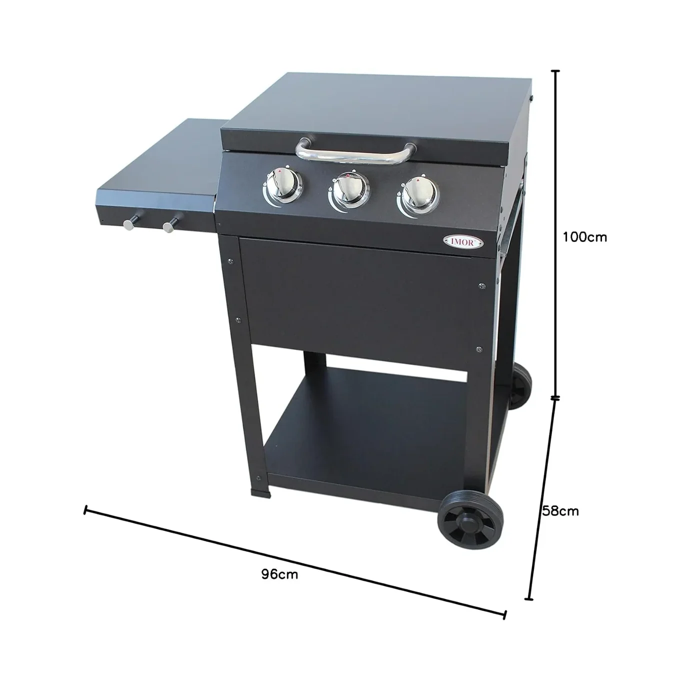 Barbacoa de gas Imor Miramar de 3 quemadores con parrilla y plancha de 12 mm: medidas y dimensiones