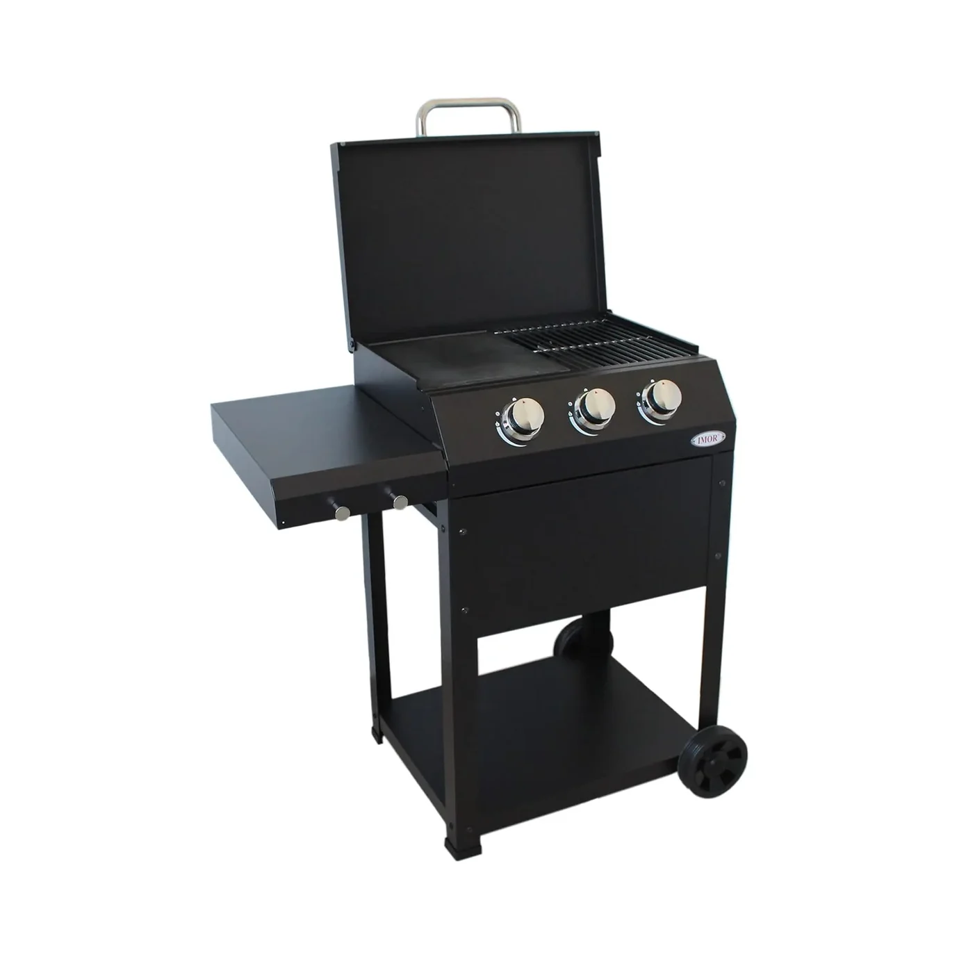 Barbacoa de gas Imor Miramar de 3 quemadores con parrilla y plancha de 12 mm: con la tapa abierta y la parrilla a la vista