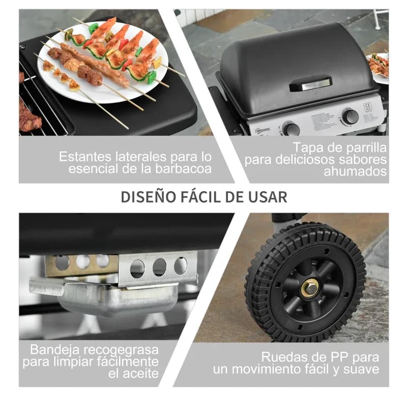 Barbacoa de gas Outsunny 2 quemadores 5,6 kW con tapa: los estantes laterales y el inferior cargados