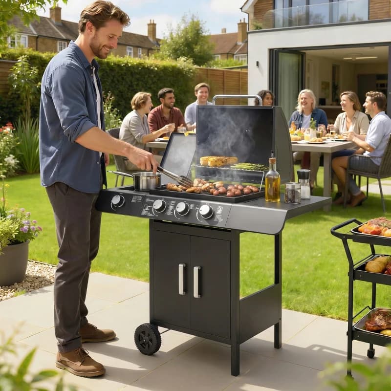 Barbacoa de gas Outsunny 3+1 quemadores 11,6 kW con armario y ruedas — barbacoa de gas