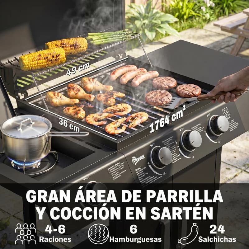 Barbacoa de gas Outsunny 3+1 quemadores 11,6 kW con armario y ruedas — barbacoa de gas