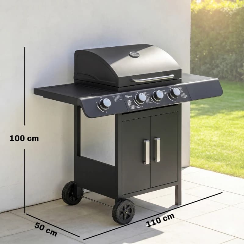 Barbacoa de gas Outsunny 3+1 quemadores 11,6 kW con armario y ruedas: medidas y dimensiones