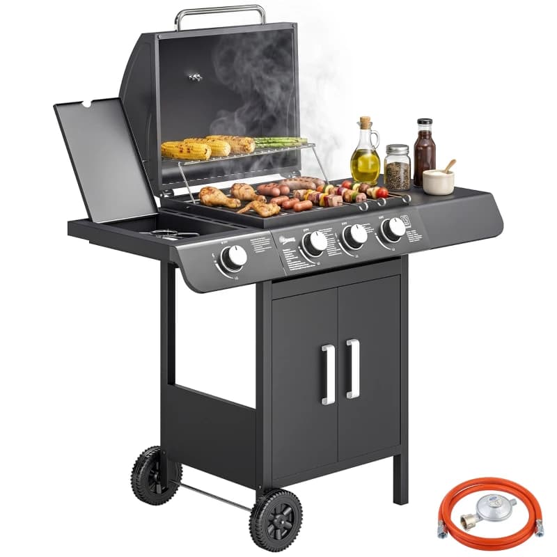Barbacoa de gas Outsunny 3+1 quemadores 11,6 kW con armario y ruedas