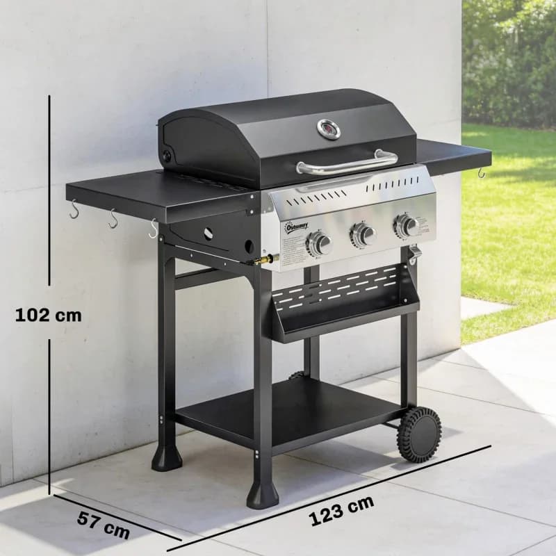 Barbacoa de gas Outsunny 3 quemadores 9 kW con tapa y termómetro: medidas y dimensiones