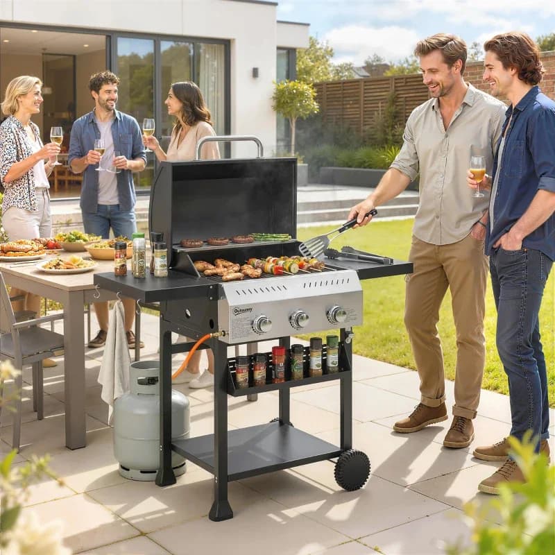 Barbacoa de gas Outsunny 3 quemadores 9 kW con tapa y termómetro: la mesa lateral con los condimentos a mano