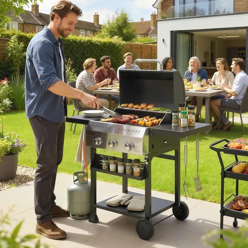 Barbacoa de gas Outsunny 3 quemadores 9 kW con tapa y termómetro: en uso durante una barbacoa