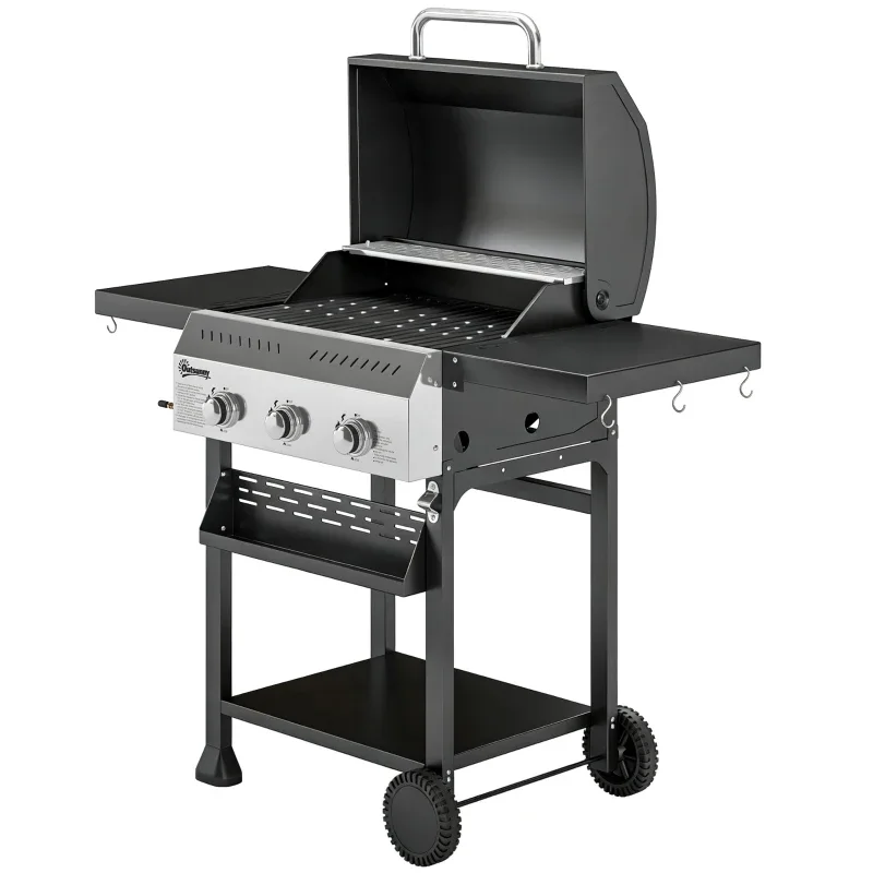 Barbacoa de gas Outsunny 3 quemadores 9 kW con tapa y termómetro