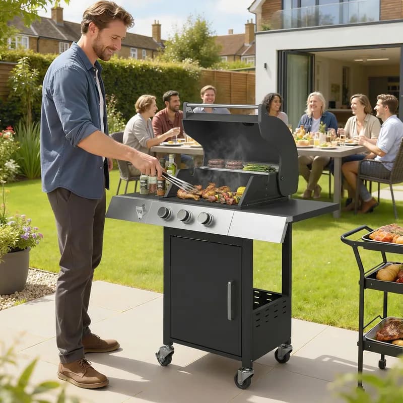 Barbacoa de gas Outsunny 3 quemadores 8,1 kW parrilla hierro fundido — barbacoa de gas