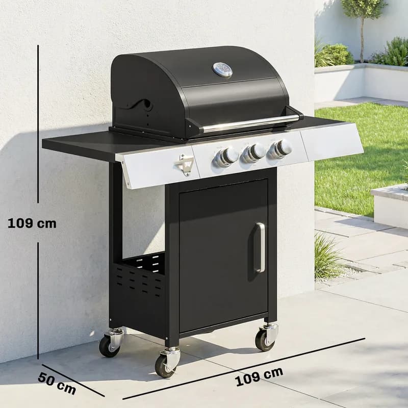 Barbacoa de gas Outsunny 3 quemadores 8,1 kW parrilla hierro fundido — barbacoa de gas