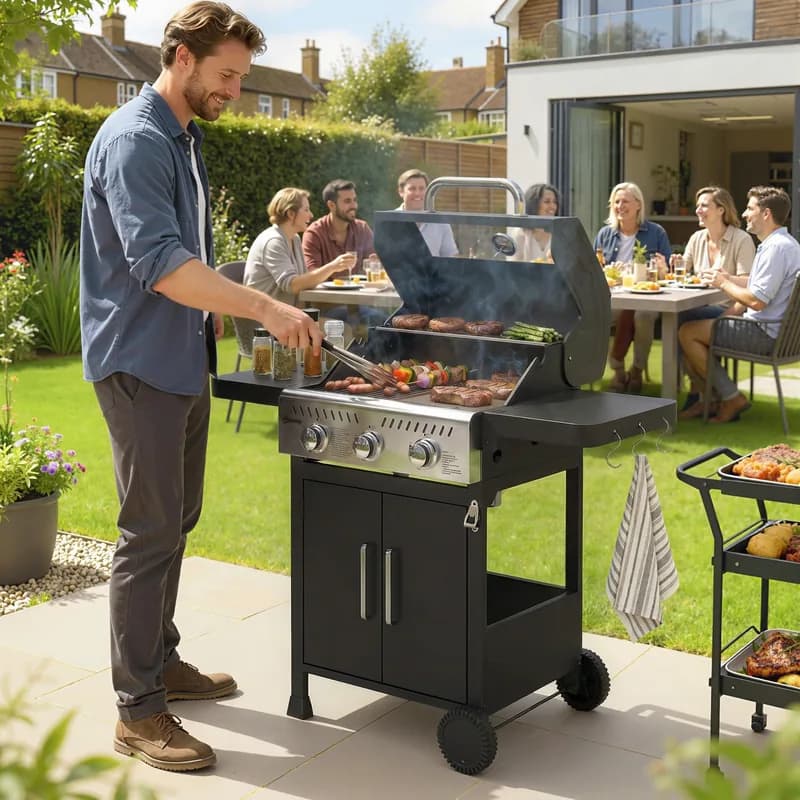 Barbacoa de gas Outsunny 3 quemadores 7,5 kW con parrilla y plancha — barbacoa de gas