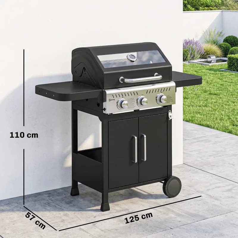 Barbacoa de gas Outsunny 3 quemadores 7,5 kW con parrilla y plancha — barbacoa de gas