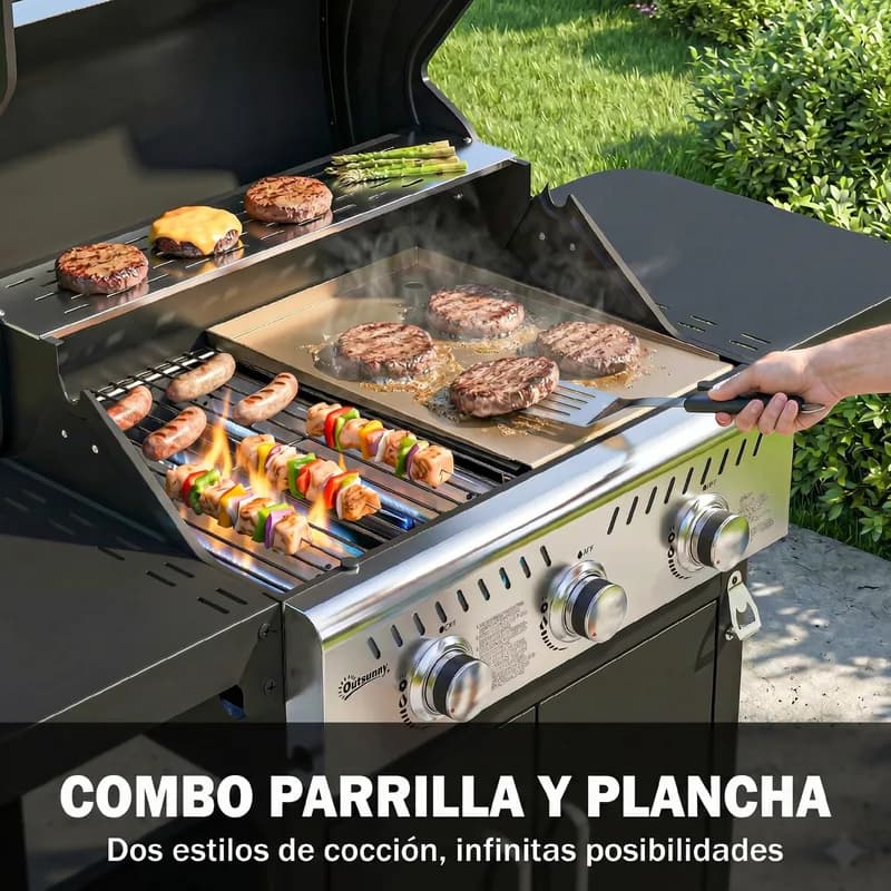 Barbacoa de gas Outsunny 3 quemadores 7,5 kW con parrilla y plancha — barbacoa de gas