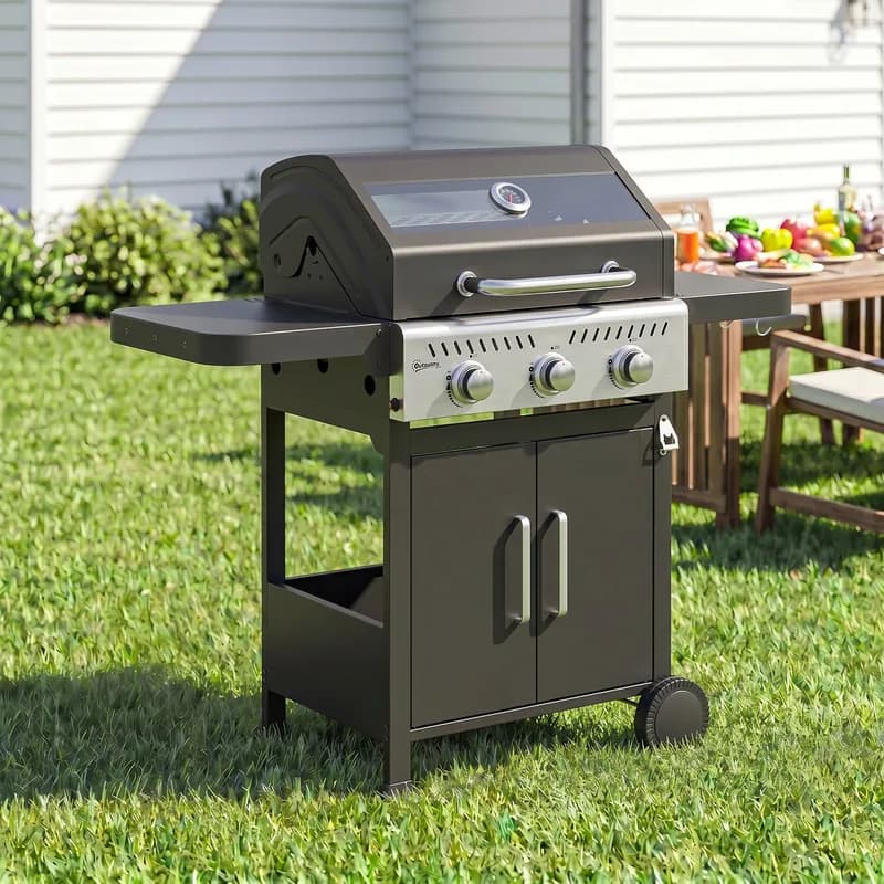 Barbacoa de gas Outsunny 3 quemadores 7,5 kW con parrilla y plancha — barbacoa de gas