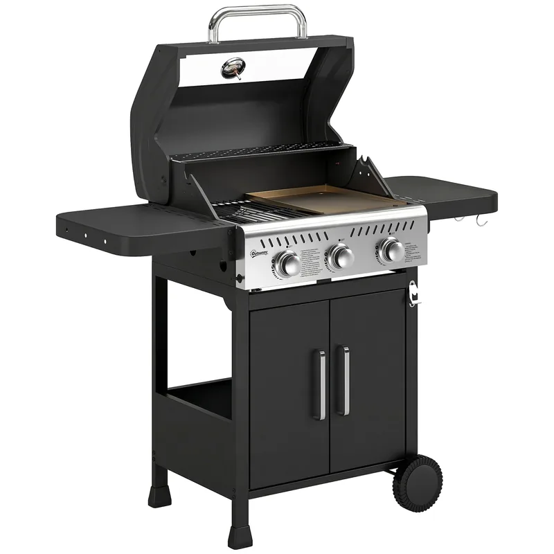Barbacoa de gas Outsunny 3 quemadores 7,5 kW con parrilla y plancha — barbacoa de gas