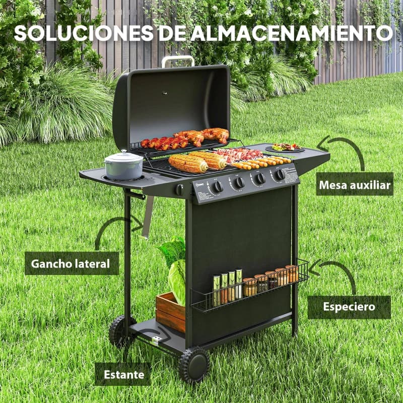 Barbacoa de gas Outsunny 4+1 quemadores 121 cm: armario de almacenaje