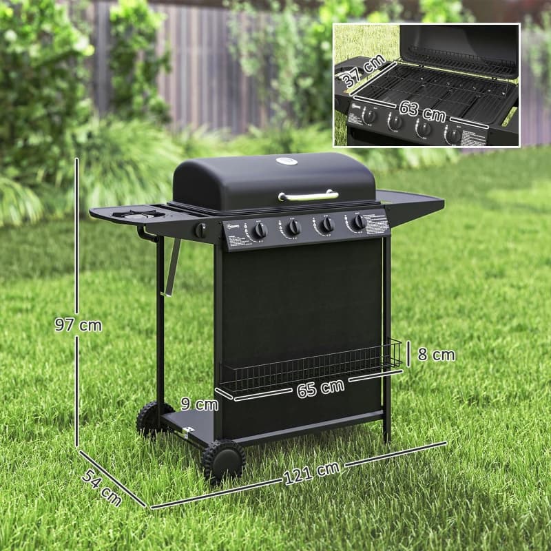 Barbacoa de gas Outsunny 4+1 quemadores 121 cm: medidas y dimensiones