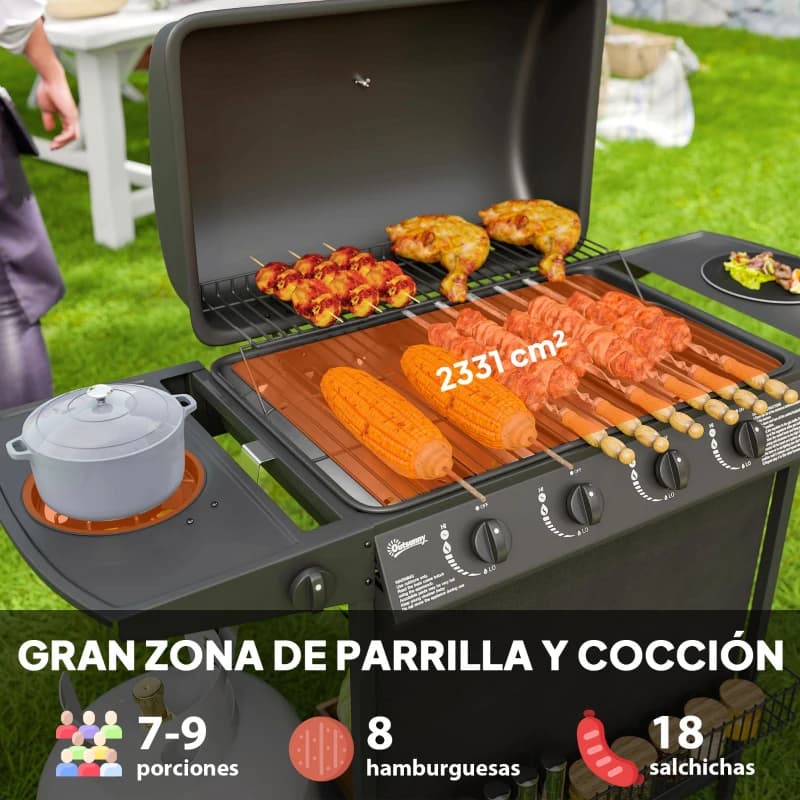 Barbacoa de gas Outsunny 4+1 quemadores 121 cm: detalle de la parrilla