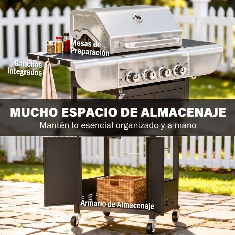 Barbacoa de gas Outsunny 4 quemadores 12,8 kW con armario: el armario de doble puerta abierto con almacenaje