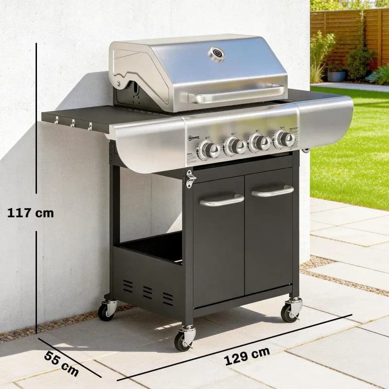 Barbacoa de gas Outsunny 4 quemadores 12,8 kW con armario: medidas y dimensiones