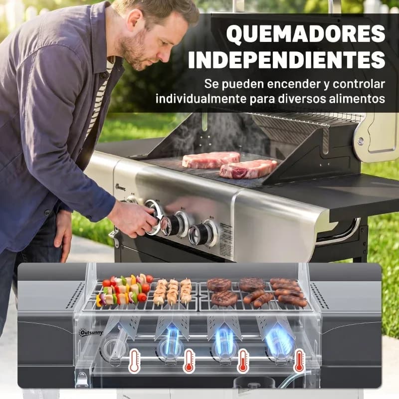 Barbacoa de gas Outsunny 4 quemadores 12,8 kW con armario: los tres quemadores encendidos con la comida haciéndose
