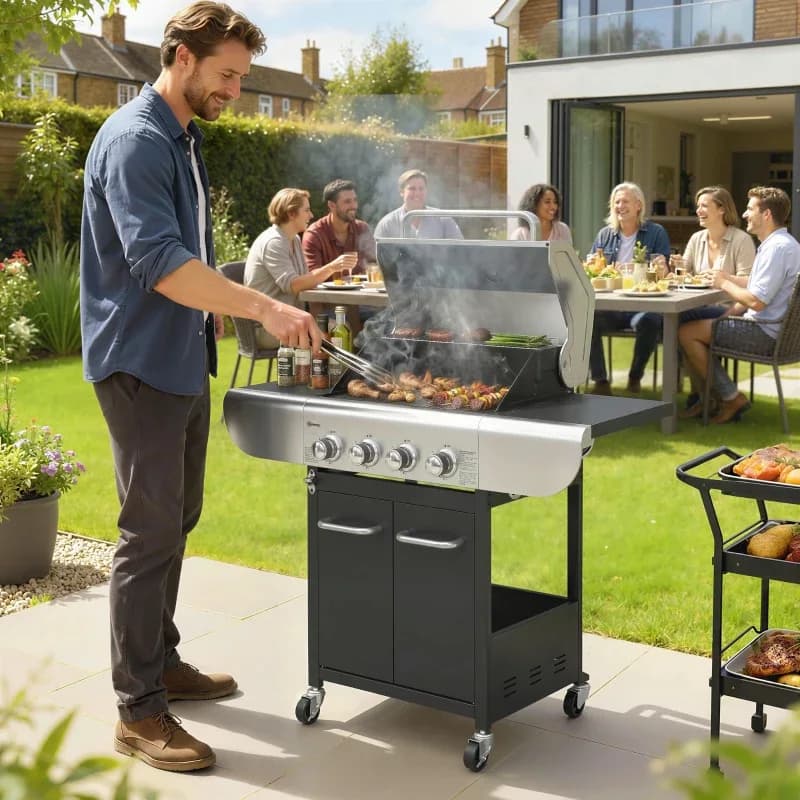 Barbacoa de gas Outsunny 4 quemadores 12,8 kW con armario: en uso durante una barbacoa
