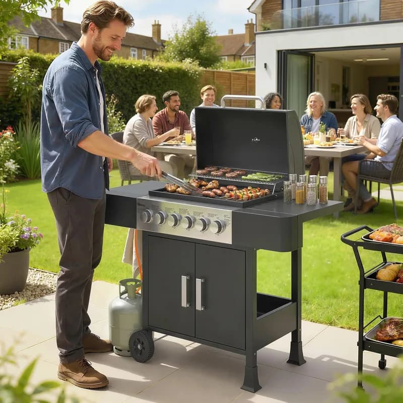 Barbacoa de gas Outsunny 6 quemadores 15 kW con armario y ruedas — barbacoa de gas