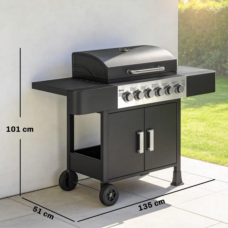 Barbacoa de gas Outsunny 6 quemadores 15 kW con armario y ruedas — barbacoa de gas