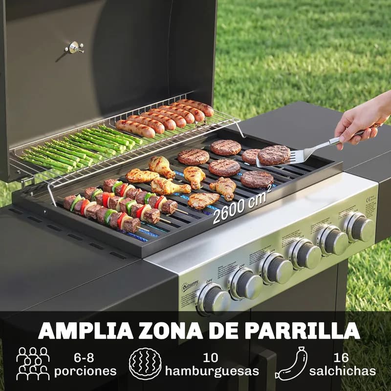 Barbacoa de gas Outsunny 6 quemadores 15 kW con armario y ruedas — barbacoa de gas