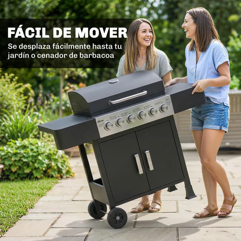 Barbacoa de gas Outsunny 6 quemadores 15 kW con armario y ruedas — barbacoa de gas