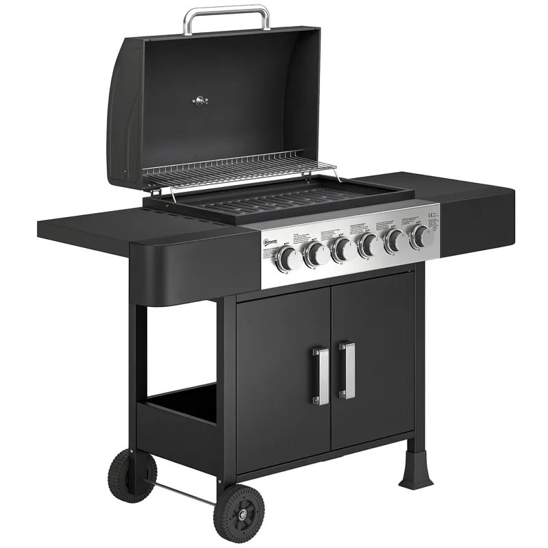 Barbacoa de gas Outsunny 6 quemadores 15 kW con armario y ruedas — barbacoa de gas