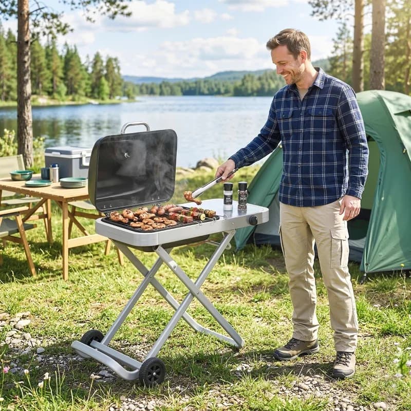 Barbacoa de gas plegable Outsunny tipo maleta 2,5 kW con ruedas: usándola de camping, junto a la tienda