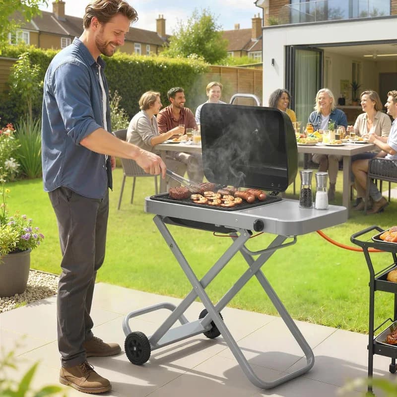 Barbacoa de gas plegable Outsunny tipo maleta 2,5 kW con ruedas: en uso durante una barbacoa