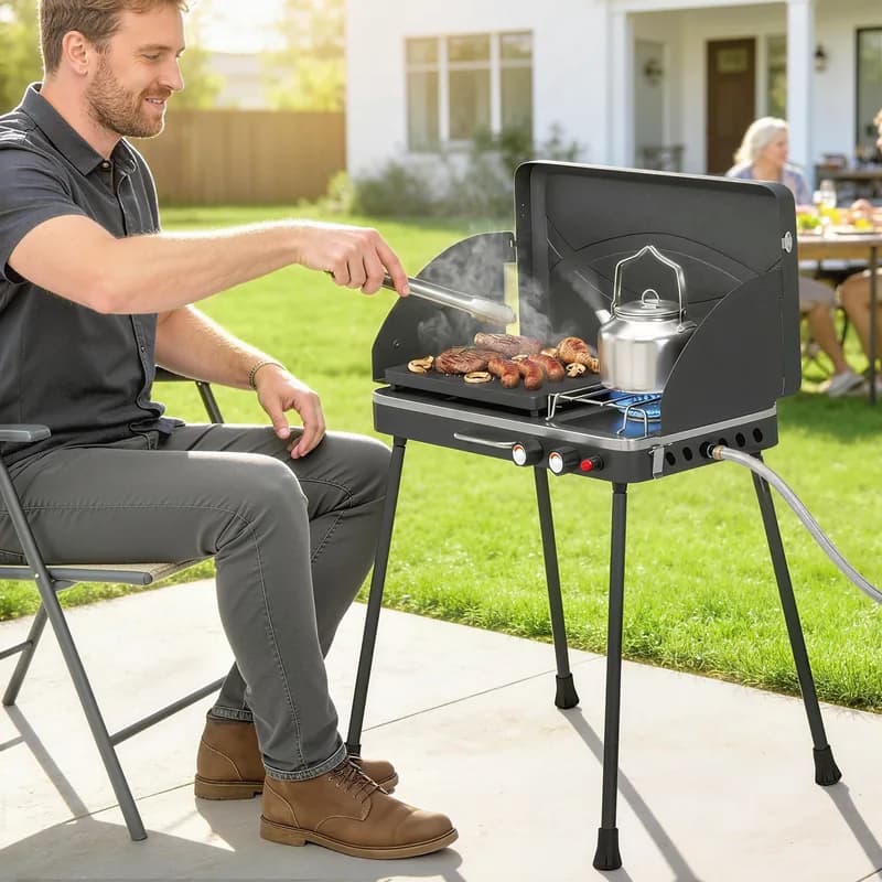 Barbacoa de gas Outsunny portátil 2 en 1 plancha y hornillo 7 kW — barbacoa de gas portátil