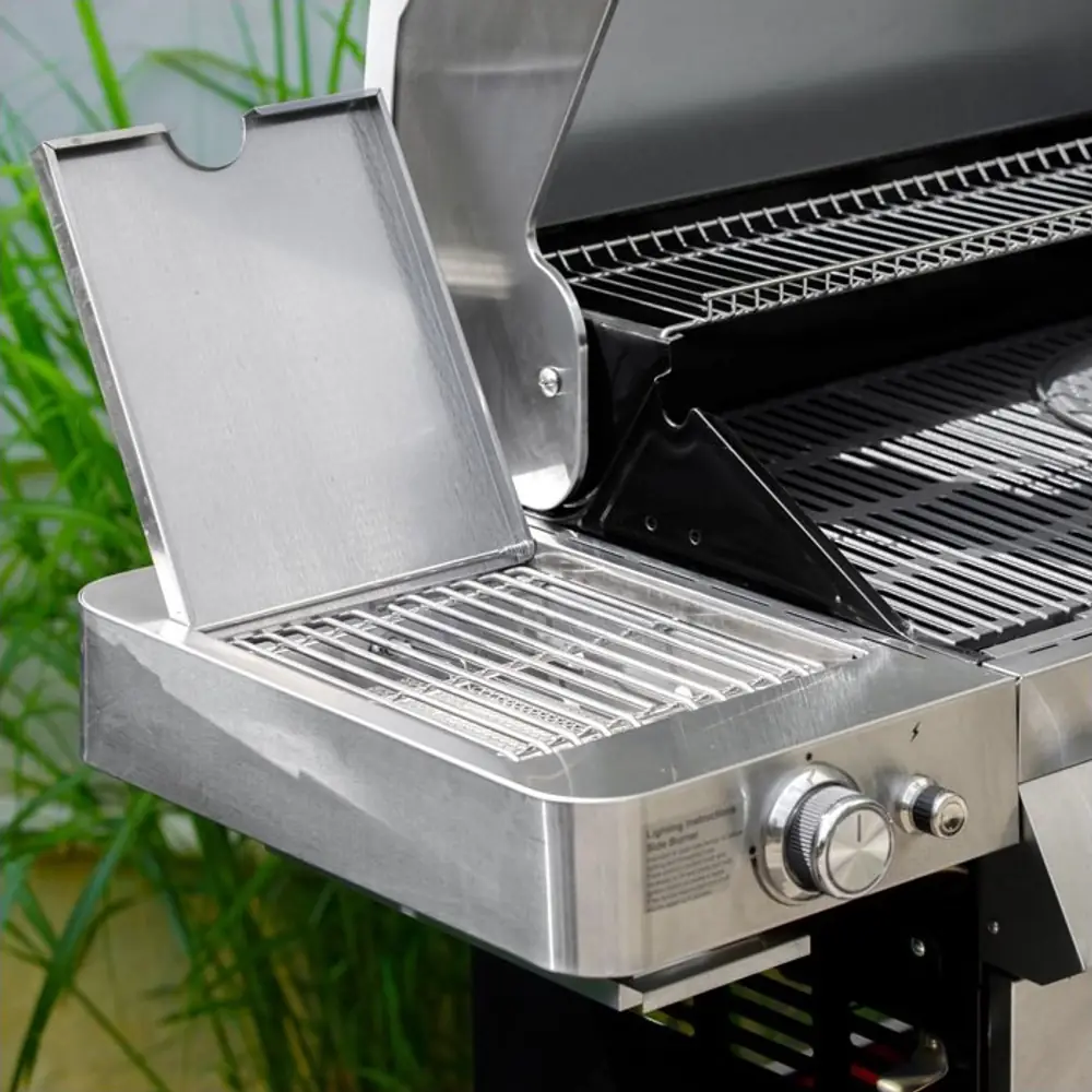 Barbacoa híbrida de gas y carbón Grillstream Gourmet 4 quemadores inox: el hornillo lateral para cazos y salsas