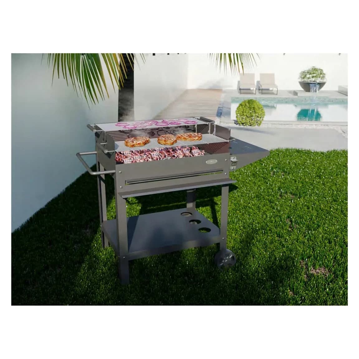 Barbacoa de leña y carbón Imor XL Madrid V20 con 2 parrillas regulables: instalada en la terraza con la tapa cerrada