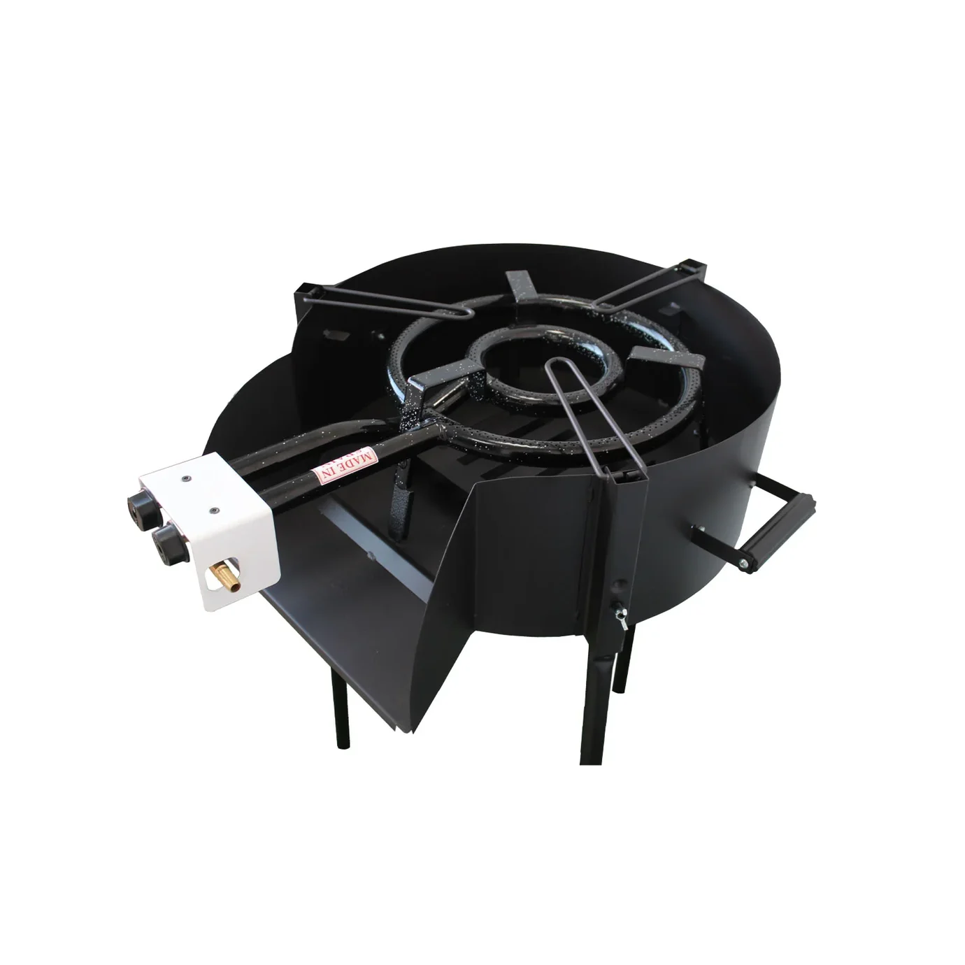 Barbacoa paellero Imor Algo Más 3 en 1: leña, carbón y rosco de gas: colocada bajo una barbacoa de gas con ruedas