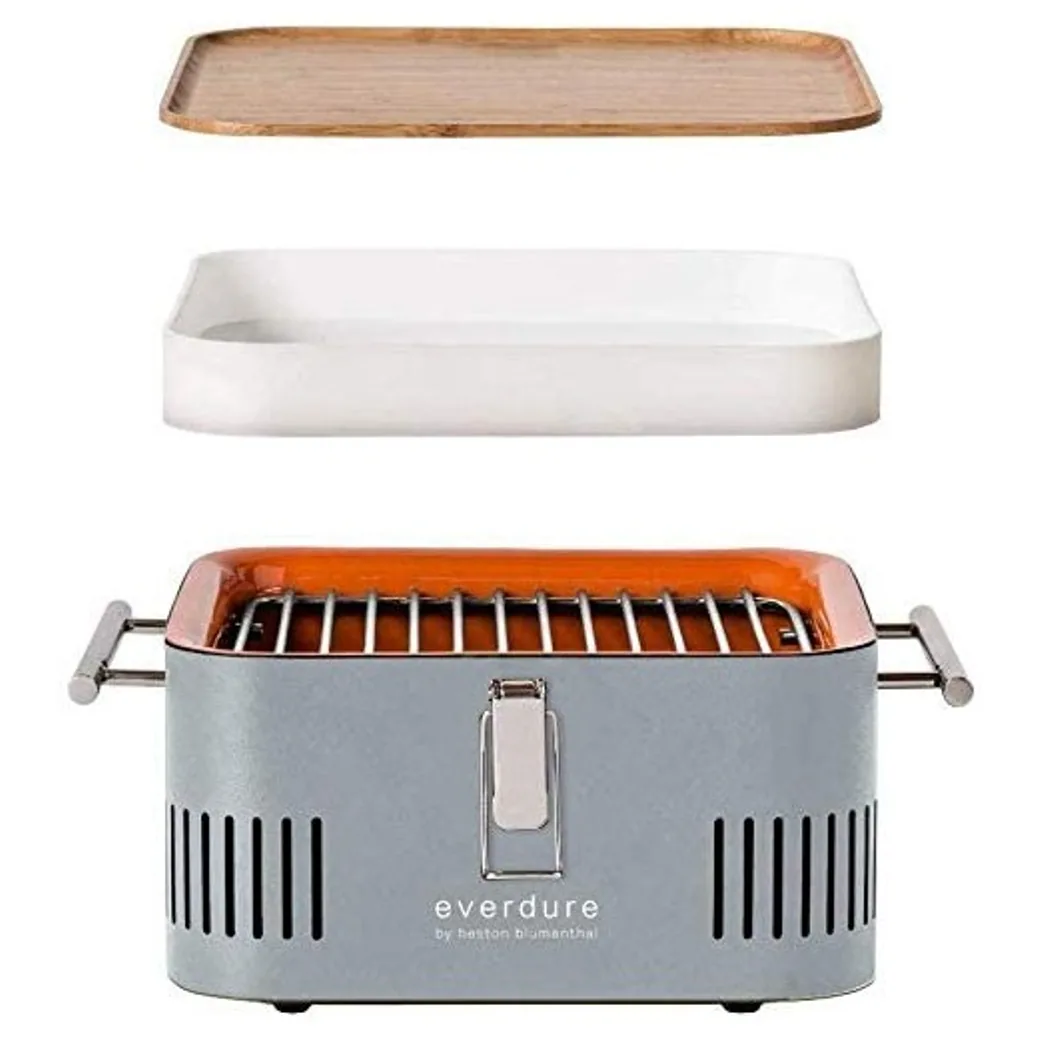 Barbacoa portátil de carbón Everdure Cube piedra 42,5 cm con tabla de bambú: despiece con todas las piezas que trae el ahumador
