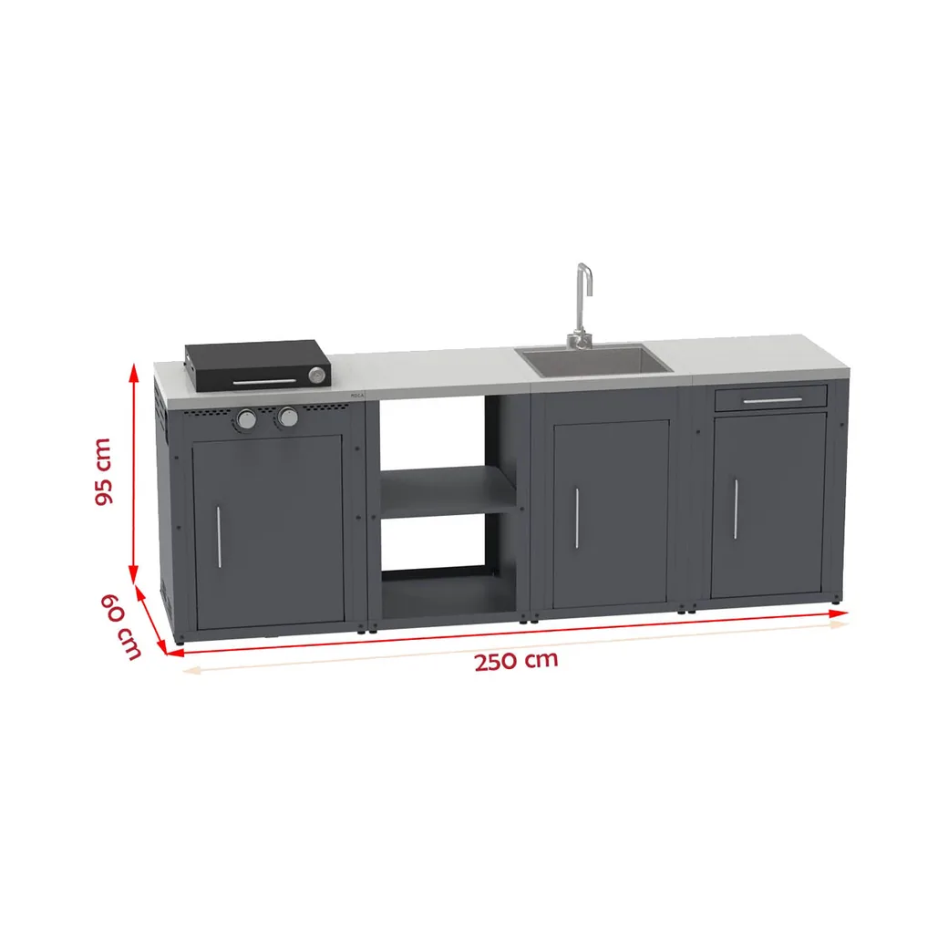 Cocina de exterior modular Imor MOCA de 4 módulos con barbacoa de gas, balda, armario con cajón y fregadero: medidas y dimensiones