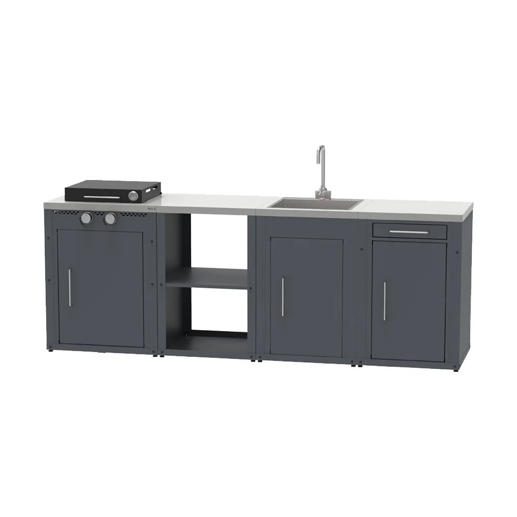 Cocina de exterior modular Imor MOCA de 4 módulos con barbacoa de gas, balda, armario con cajón y fregadero: con la tapa cerrada y el termómetro a la vista