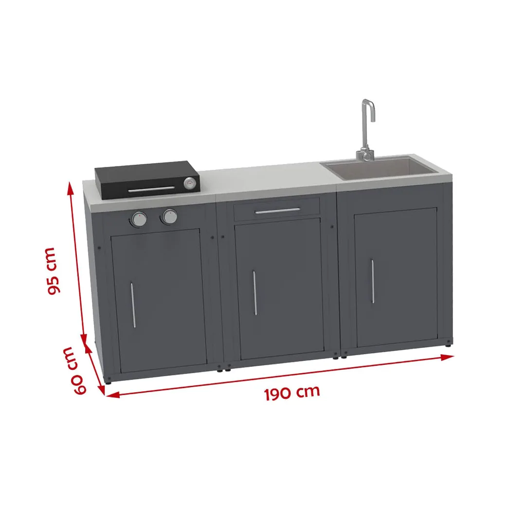 Cocina de exterior modular Imor MOCA con barbacoa de gas, armario con cajón y fregadero: medidas y dimensiones