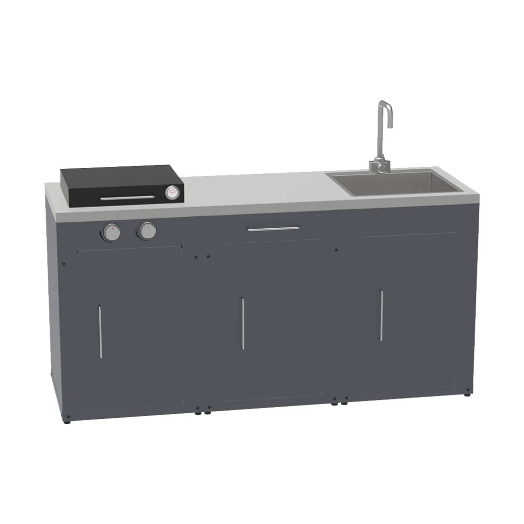 Cocina de exterior modular Imor MOCA con barbacoa de gas, armario con cajón y fregadero: con la tapa cerrada y el termómetro a la vista