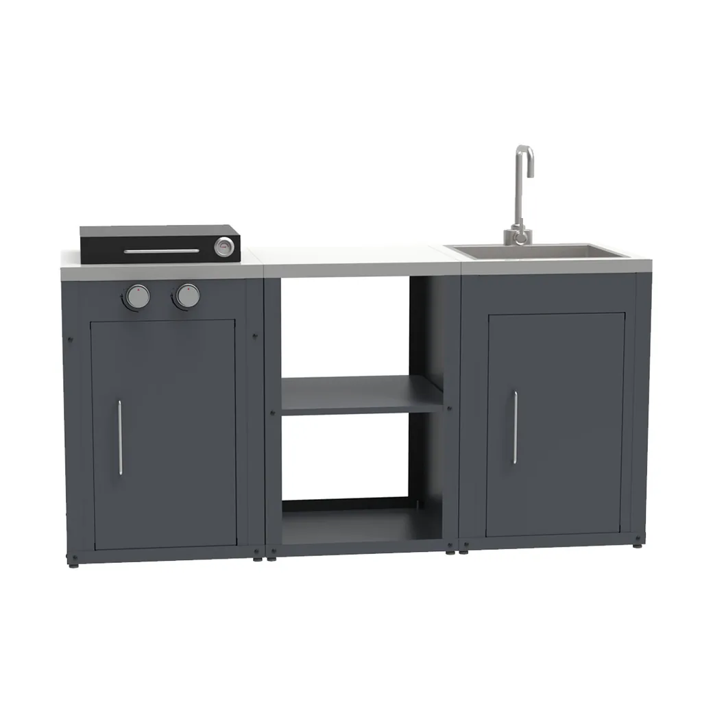 Cocina de exterior modular Imor MOCA con barbacoa de gas, balda y fregadero: con la tapa cerrada y el termómetro a la vista