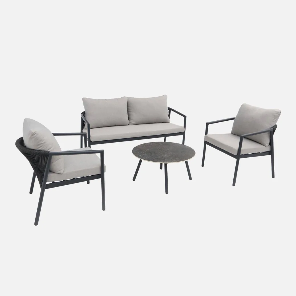 Conjunto de jardín de aluminio y cuerdas gris para 4 personas con mesa redonda — conjunto jardin aluminio